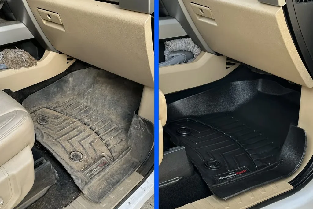 Before and after cleaning dirty all weather floor mats