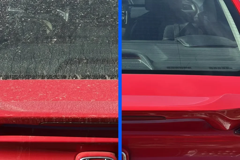 Before and after exterior grime removal on red vehicle hatch